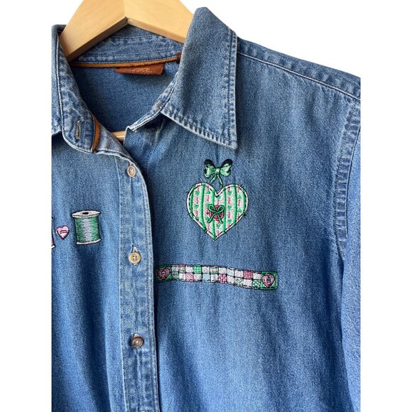 Harriton  Denim Embroidered Button Down Shirt Sz M Seamstress Needle Thread Sew - Picture 4 of 7
